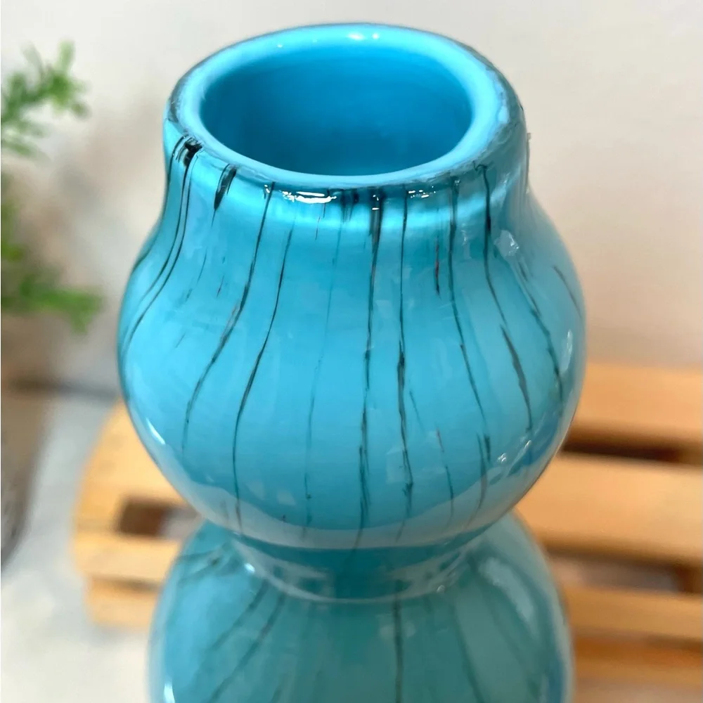 Vintage Pier 1 Turquoise Blue w Black Etch Art Glass Triple Gourd Vase | EUC
